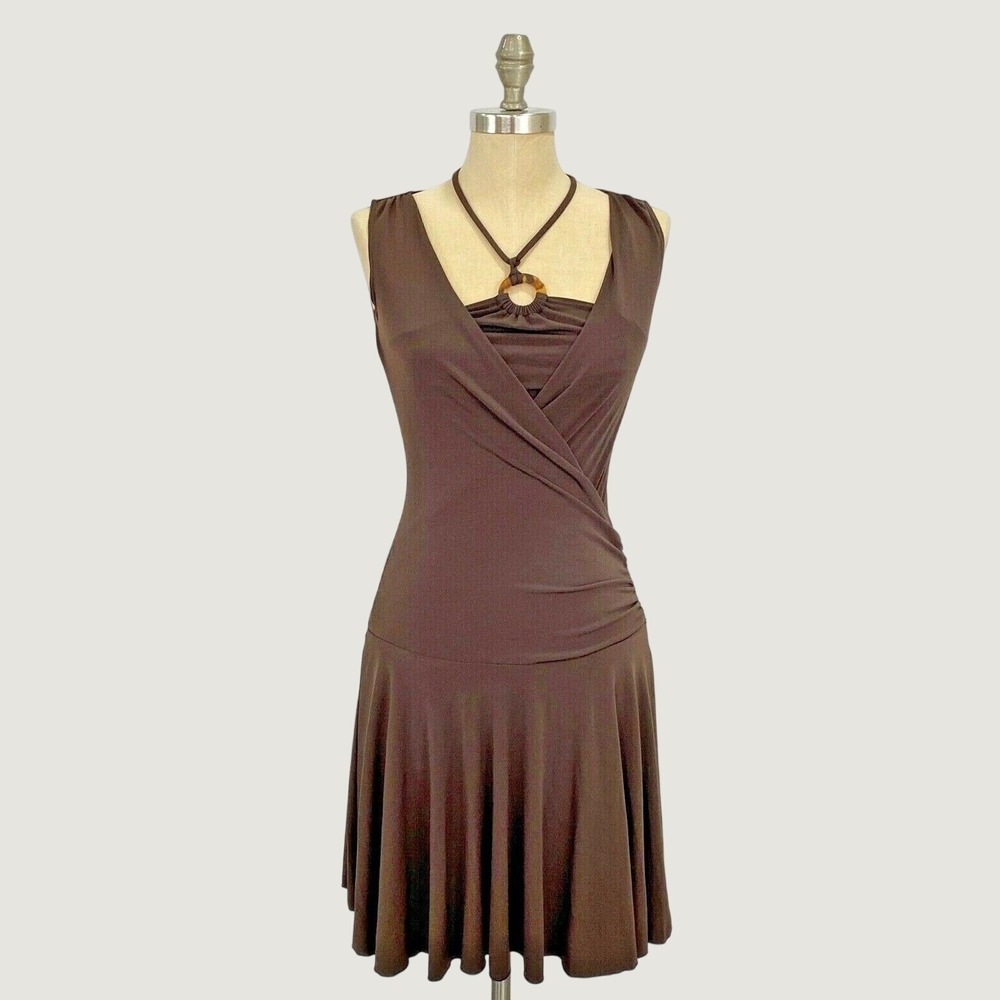 BCX Mini Dress‎ Women S Brown Tortoise Ring Halter V-Neck Wrap Flared Y2K Style